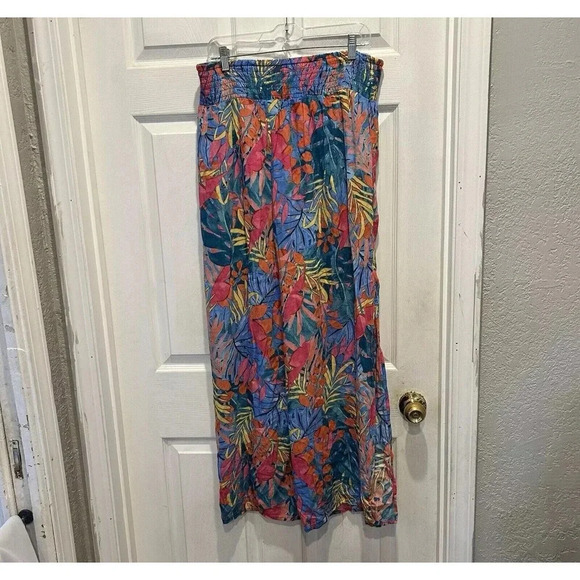 Kona Sol Pants Women's L Pull on Rayon Smock Waist Wide Slit Leg Tropical Lounge - Picture 1 of 7